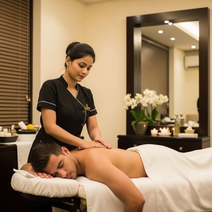 Massage therapist working with a client in a salon, with the face kept visible in the hero crop